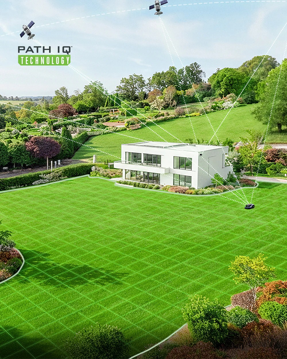 PATH IQ™ is EGO's unique combination of three intelligent technologies (RTK, VIO and VSLAM) that work together to deliver unmatched mowing accuracy in complex environments, navigating every nook and cranny.